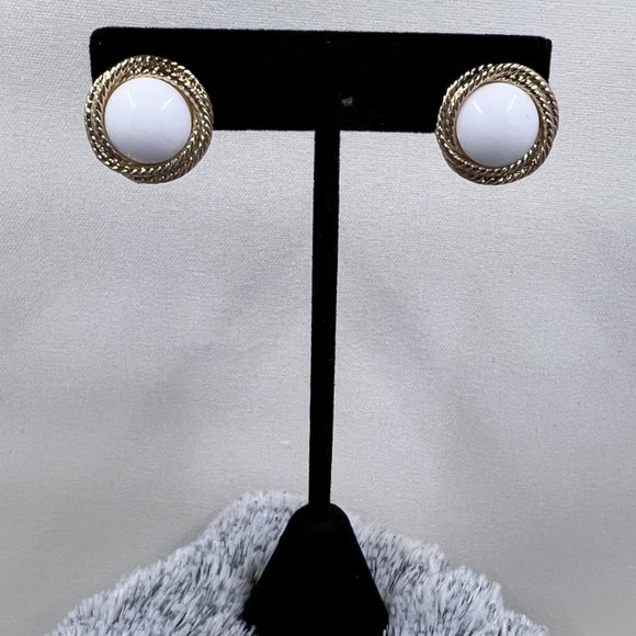 Napier - Large White Crew Back Earrings, Textured Gold Tone Rope .75” Diameter. - Picture 2 of 4